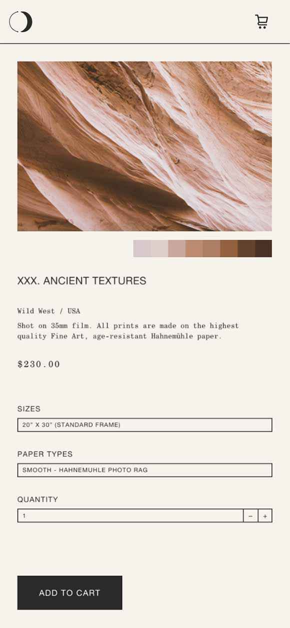 CARA MIA: Webdesign of print product page, Ancient Textures, Mobile breakpoint