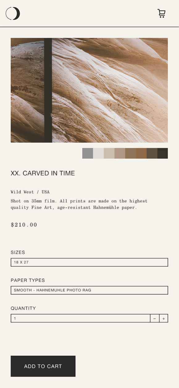 CARA MIA: Webdesign of print product page, Carved in Time, Mobile breakpoint