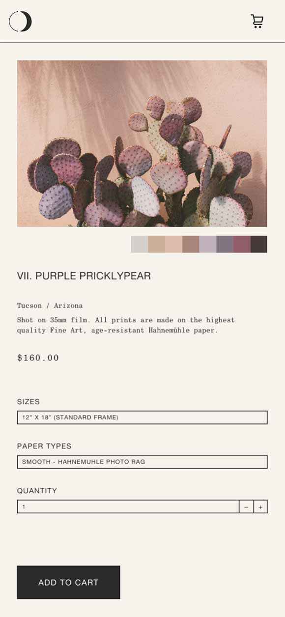 CARA MIA: Webdesign of print product page, Purple Pricklypear, Mobile breakpoint