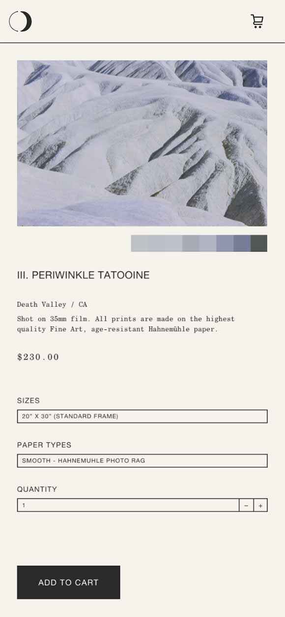 CARA MIA: Webdesign of print product page, Periwinkle Tatooine, Mobile breakpoint