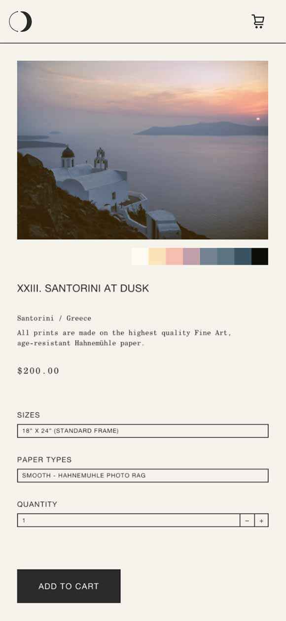 CARA MIA: Webdesign of print product page, Santorini at Dusk, Mobile breakpoint