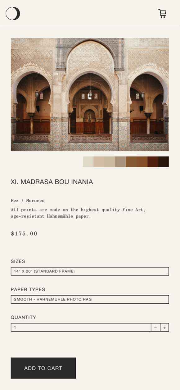 CARA MIA: Webdesign of print product page, Madrasa Bou Inania, Mobile breakpoint