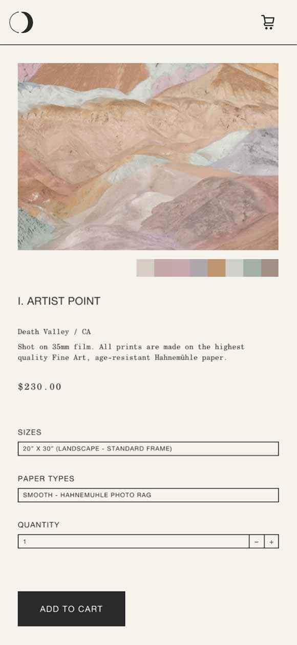 CARA MIA: Webdesign of print product page, Artist Point, Mobile breakpoint