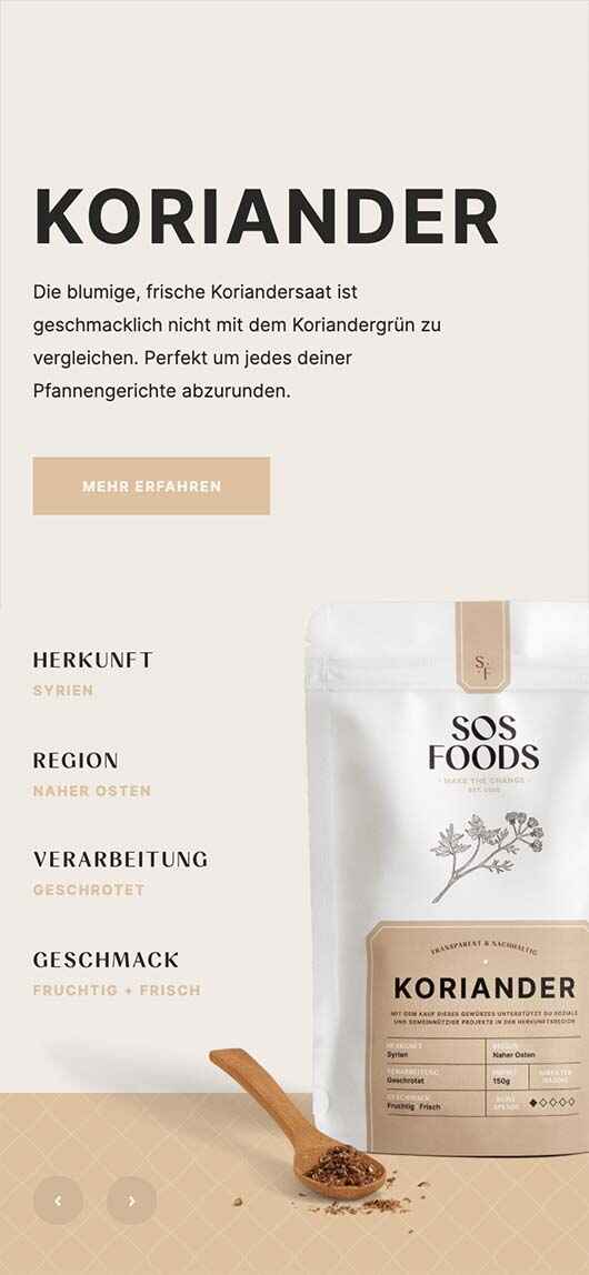 SOS Foods: Webdesign of product page, Coriander, Mobile breakpoint