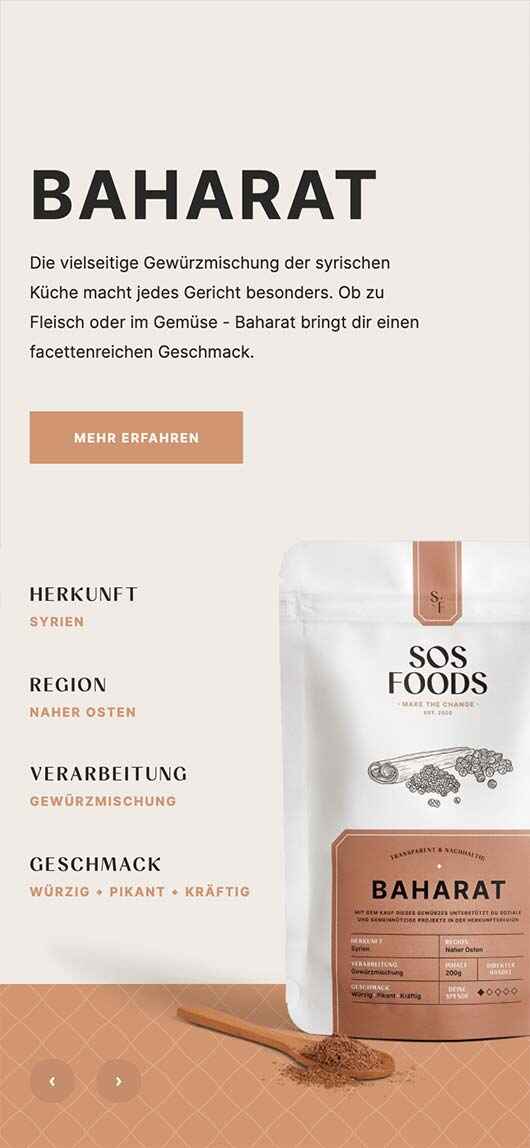 SOS Foods: Webdesign of product page, Baharat, Mobile breakpoint