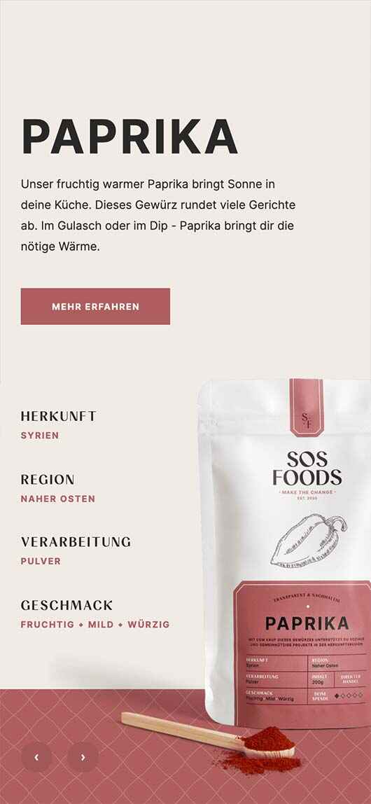 SOS Foods: Webdesign of product page, Paprika, Mobile breakpoint