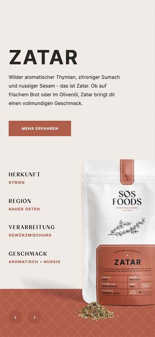 SOS Foods: Webdesign of product page, Zatar, Mobile breakpoint