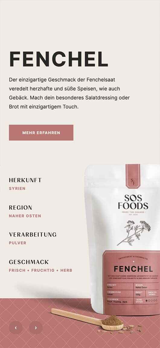 SOS Foods: Webdesign of product page, Fennel, Mobile breakpoint