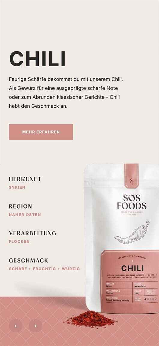 SOS Foods: Webdesign of product page, Chili, Mobile breakpoint