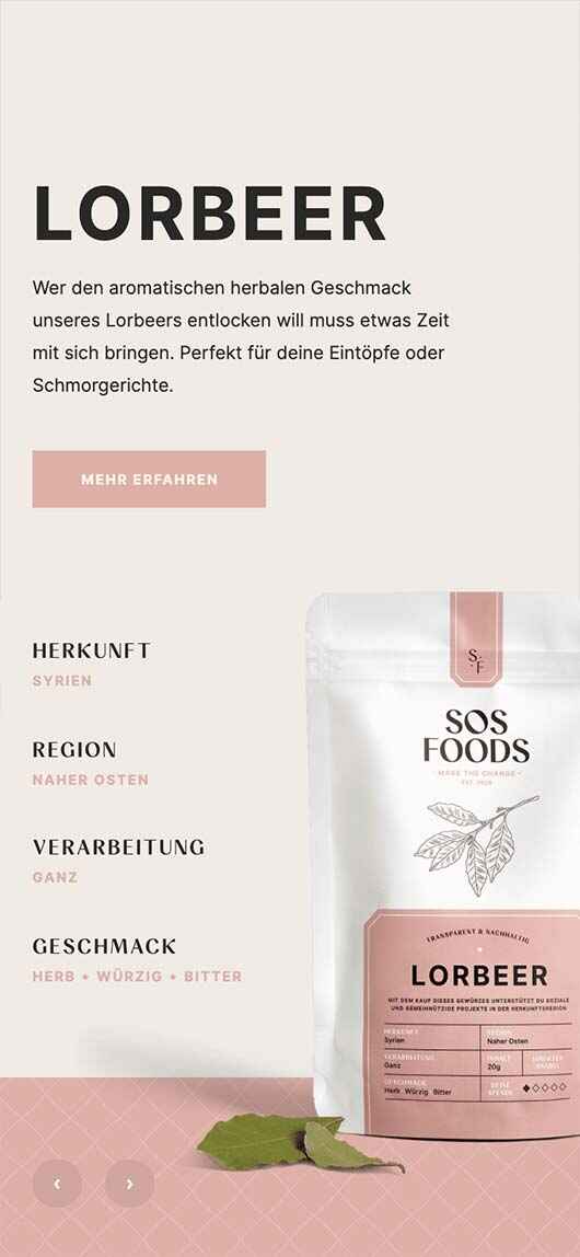SOS Foods: Webdesign of product page, Bay leaves, Mobile breakpoint